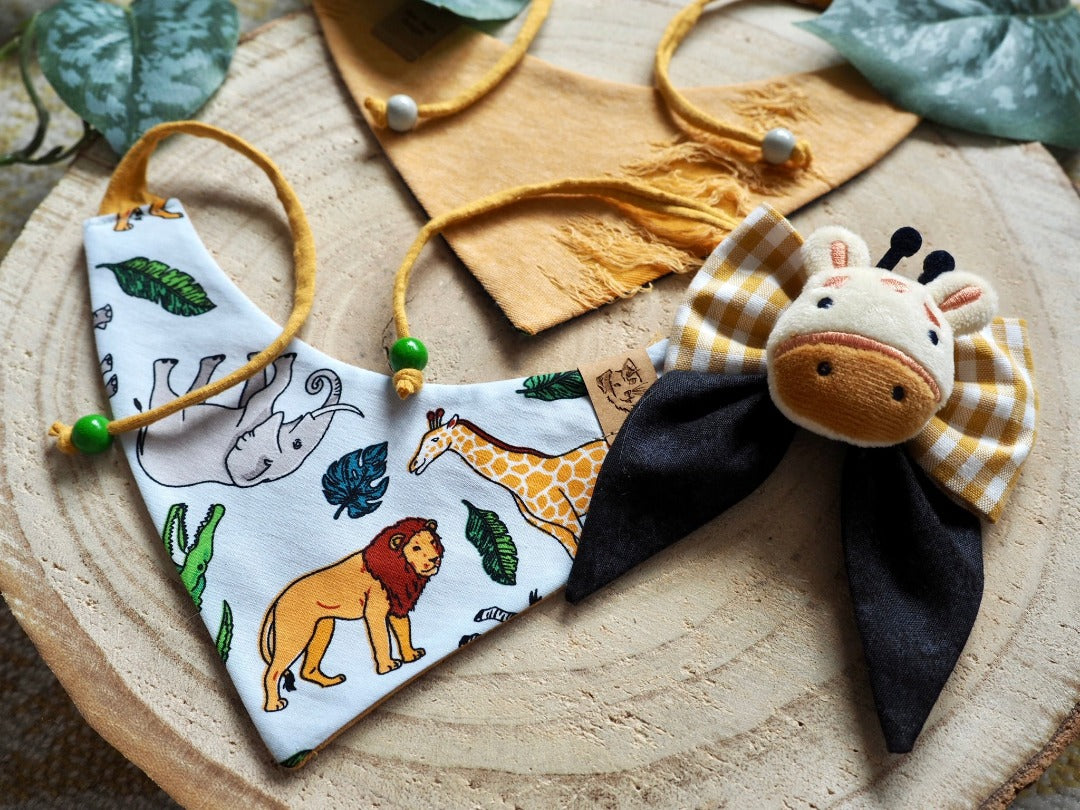 Set handgemachte Hundeaccessoires und Katzenaccessoires mit Giraffe, Löwe und Elefant