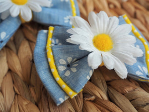 Detailansicht blaue Hundeschleife und Katzenschleife mit Gänseblümchen
